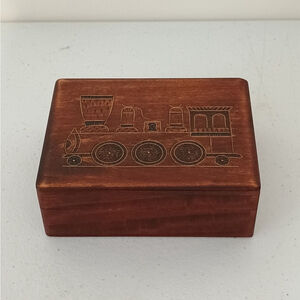 Vintage Handmade Hand Carved Train Wooden Trinket Box Made In Poland